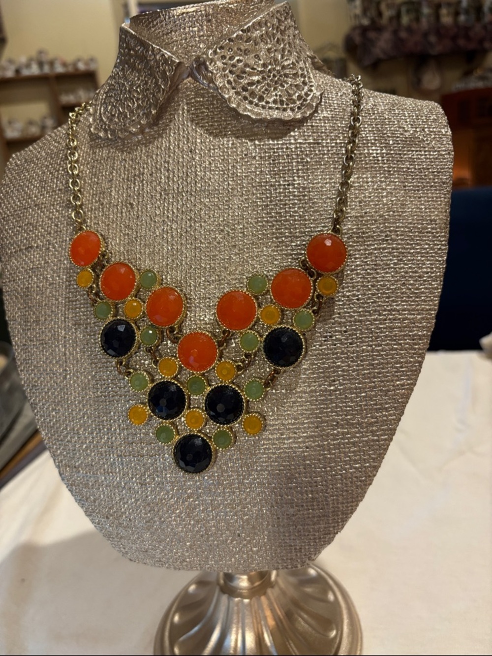 Statement Multicolor Bib Necklace - Orange, Black, Green, Yellow.